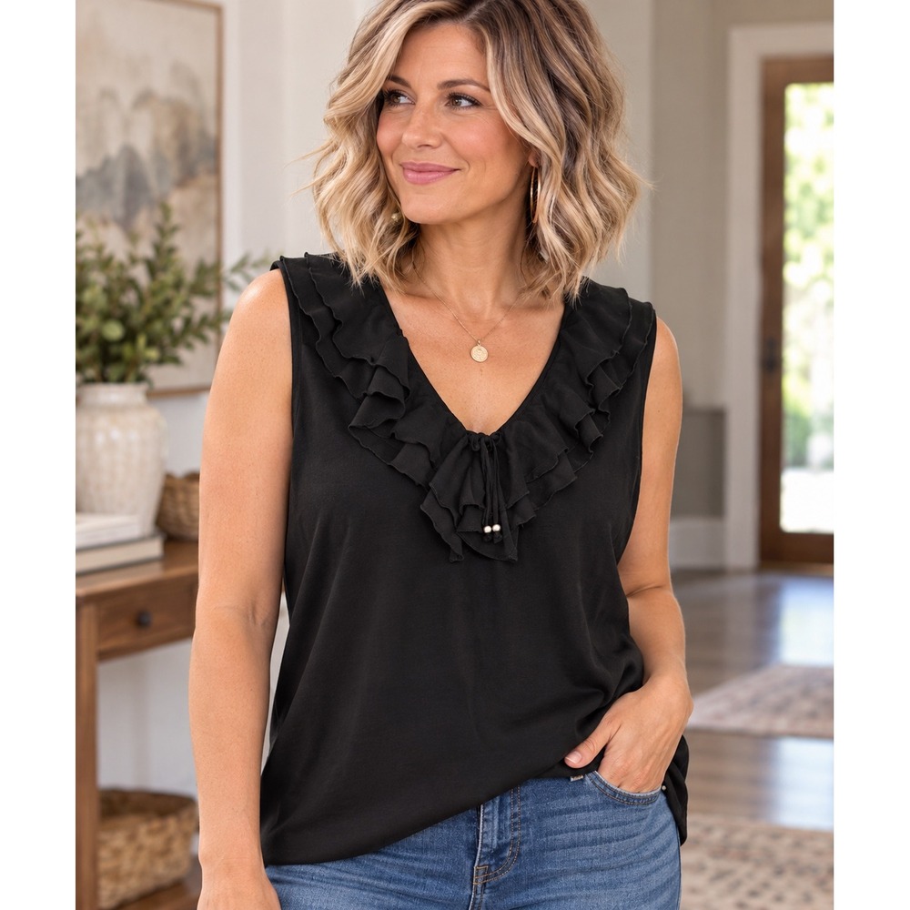 CHAPS Women's XXL Black Sleeveless Double Ruffle V Neck Cotton Top Blouse